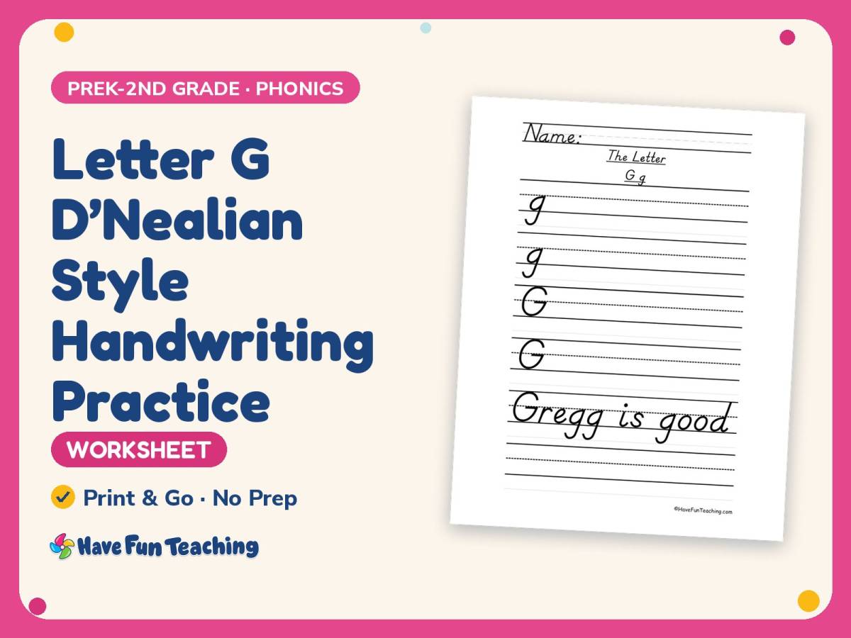 Letter G D’Nealian Style Handwriting Practice Worksheet – Alphabet preview