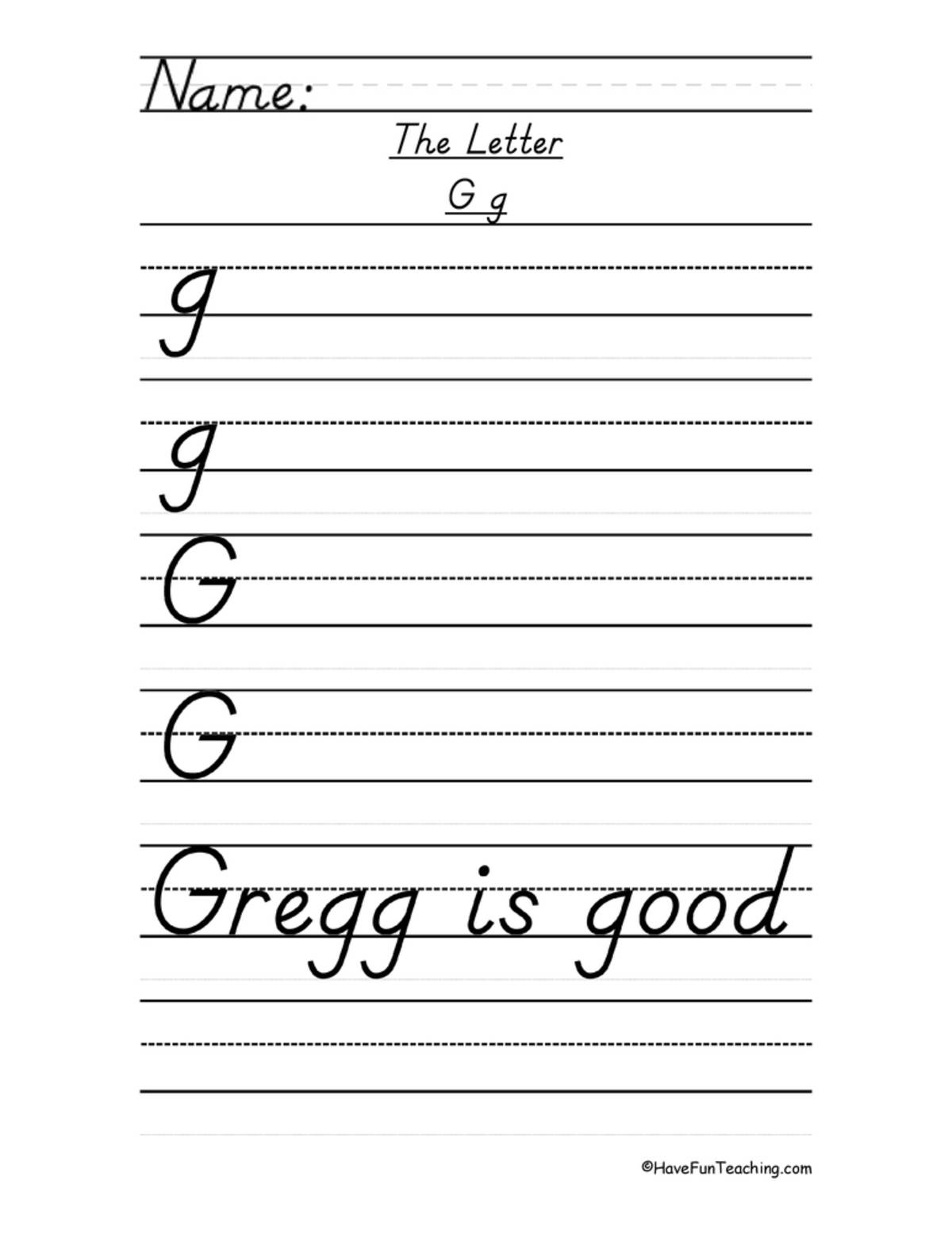 An educational teaching resource from Have Fun Teaching entitled Letter G D'Nealian Style Handwriting Practice Worksheet downloadable at Teach Simple.