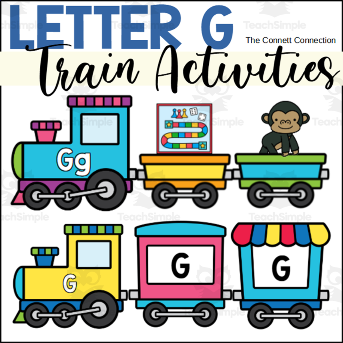 An educational teaching resource from The Connett Connection entitled Letter G Trains Worksheets and Centers downloadable at Teach Simple.