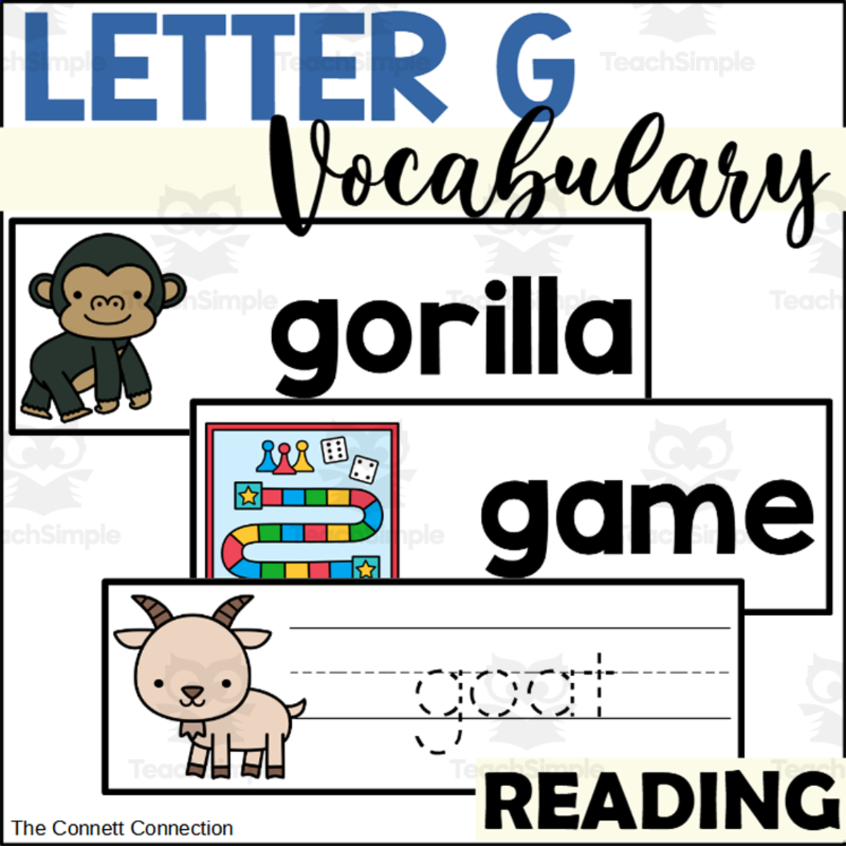 An educational teaching resource from The Connett Connection entitled Letter G Vocabulary and Tracing Cards downloadable at Teach Simple.