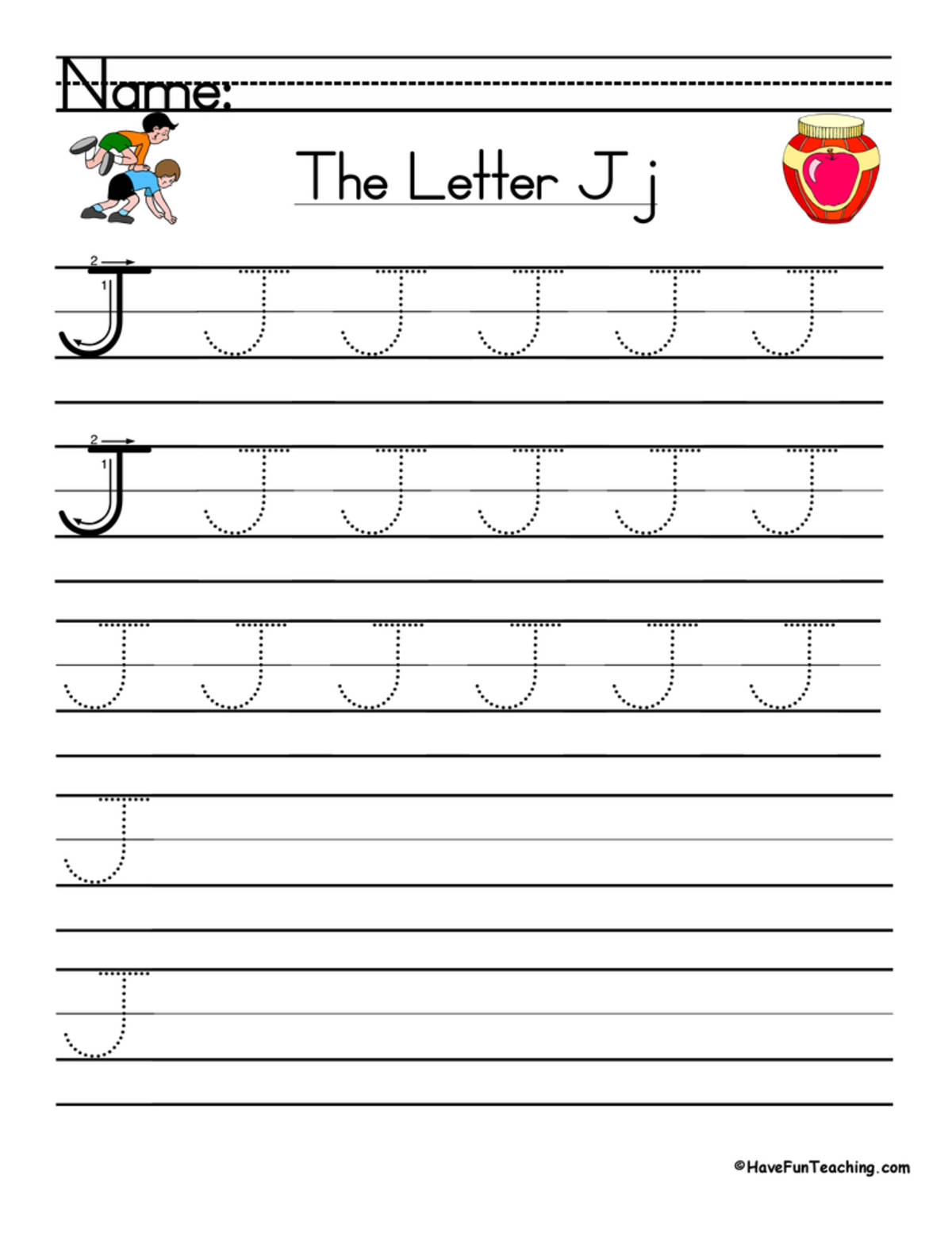 An educational teaching resource from Have Fun Teaching entitled Letter J Handwriting Practice Worksheet downloadable at Teach Simple.