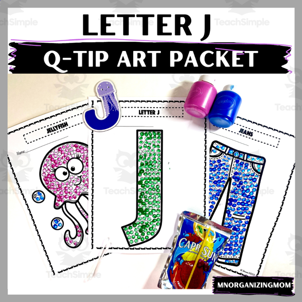 An educational teaching resource from mnorganizingmom entitled Letter J Q-Tip downloadable at Teach Simple.