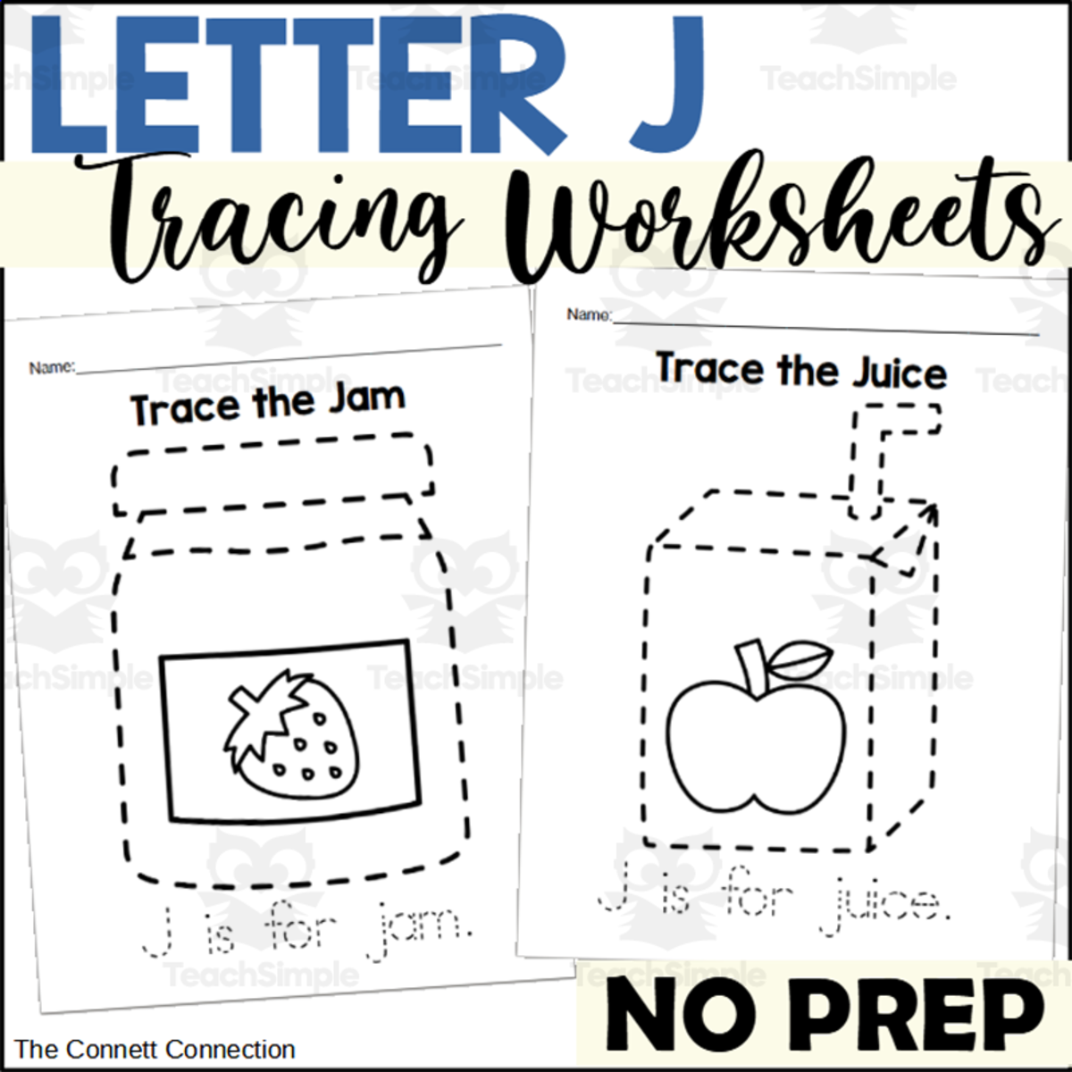An educational teaching resource from The Connett Connection entitled Letter J Tracing Worksheets downloadable at Teach Simple.