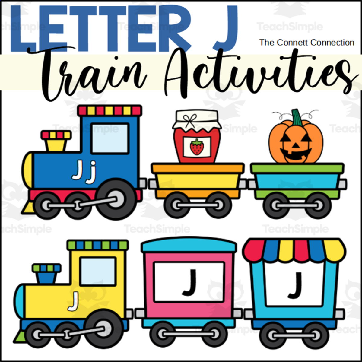 An educational teaching resource from The Connett Connection entitled Letter J Trains Worksheets and Centers downloadable at Teach Simple.