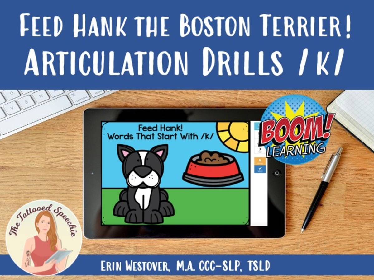 An educational teaching resource from The Tattooed Speechie entitled Letter K Articulation Drill: Feed Hank the Boston Terrier - BOOM Cards downloadable at Teach Simple.