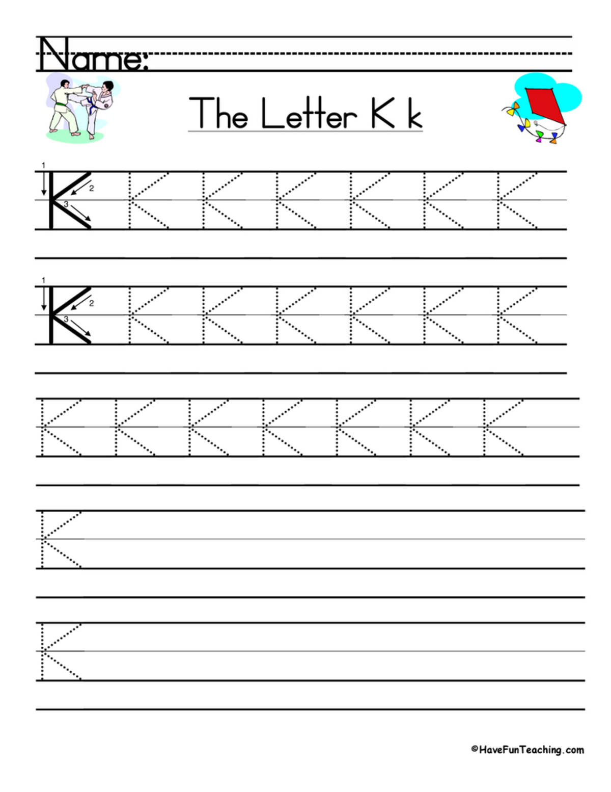 An educational teaching resource from Have Fun Teaching entitled Letter K Handwriting Practice Worksheet downloadable at Teach Simple.