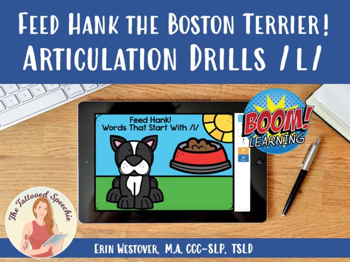 An educational teaching resource from The Tattooed Speechie entitled Letter L Articulation Drill: Feed Hank the Boston Terrier - BOOM Cards downloadable at Teach Simple.