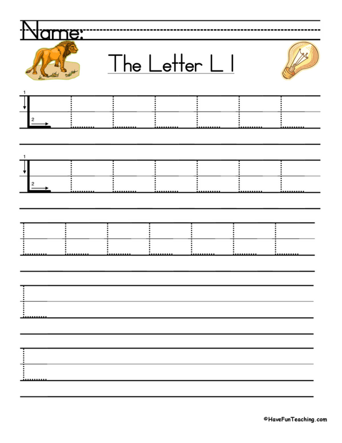 An educational teaching resource from Have Fun Teaching entitled Letter L Handwriting Practice Worksheet downloadable at Teach Simple.