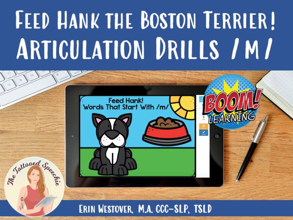 An educational teaching resource from The Tattooed Speechie entitled Letter M Articulation Drill: Feed Hank the Boston Terrier! - BOOM Cards downloadable at Teach Simple.