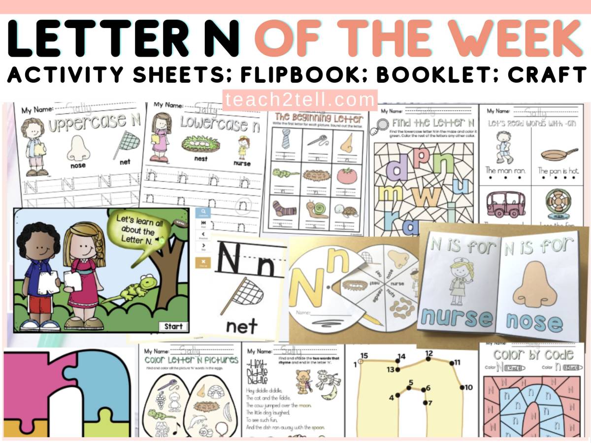 An educational teaching resource from Teach2Tell entitled Letter N Activities Alphabet Worksheets & Boom Cards Kindergarten downloadable at Teach Simple.