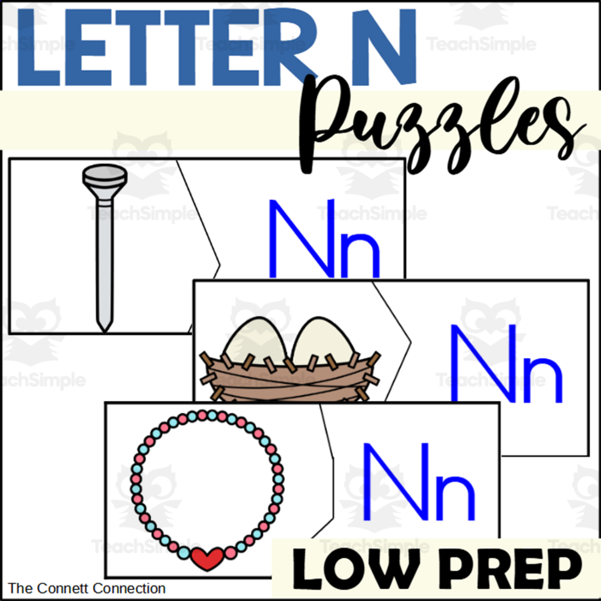 An educational teaching resource from The Connett Connection entitled Letter N Beginning Sounds Puzzles downloadable at Teach Simple.