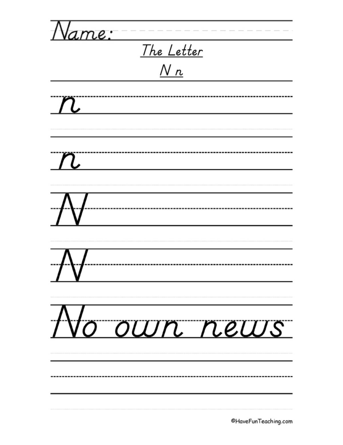 An educational teaching resource from Have Fun Teaching entitled Letter N D'Nealian Style Handwriting Practice Worksheet downloadable at Teach Simple.