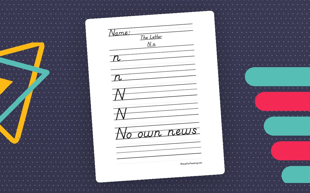 An educational teaching resource from Have Fun Teaching entitled Letter N D'Nealian Style Handwriting Practice Worksheet downloadable at Teach Simple.