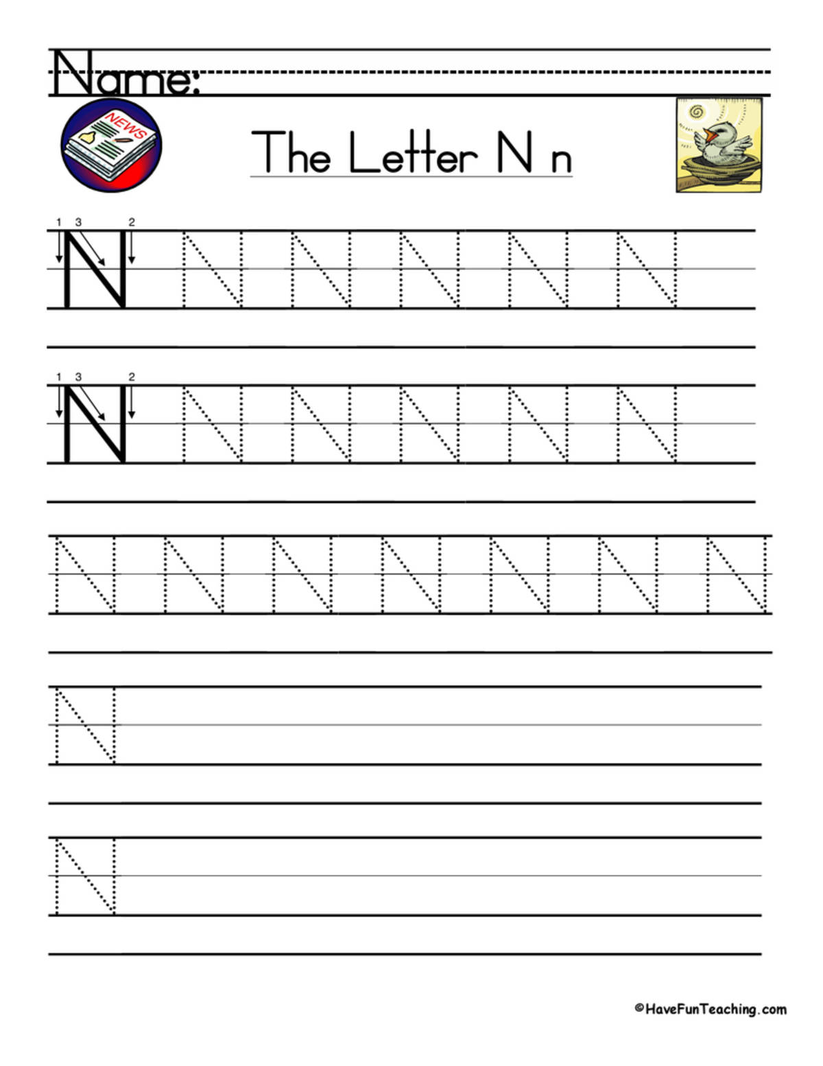 An educational teaching resource from Have Fun Teaching entitled Letter N Handwriting Practice Worksheet downloadable at Teach Simple.