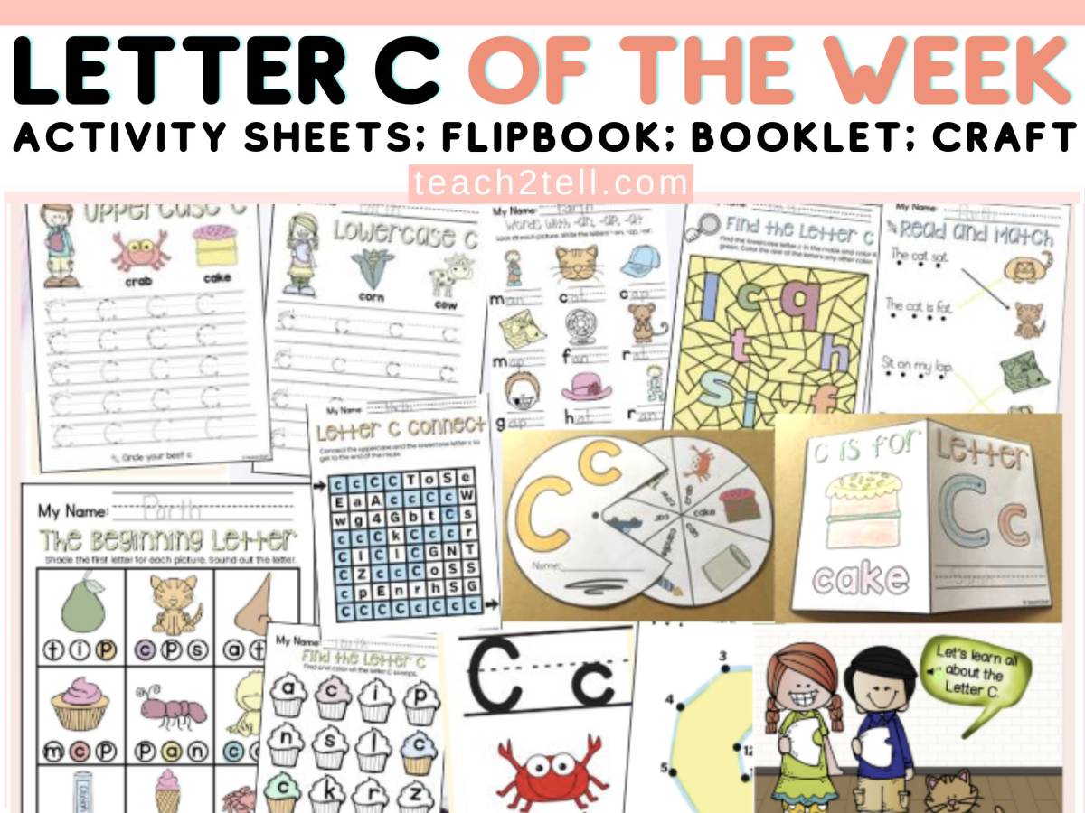 An educational teaching resource from Teach2Tell entitled Letter of the Week Letter C Printables Activity Pack Phonics downloadable at Teach Simple.