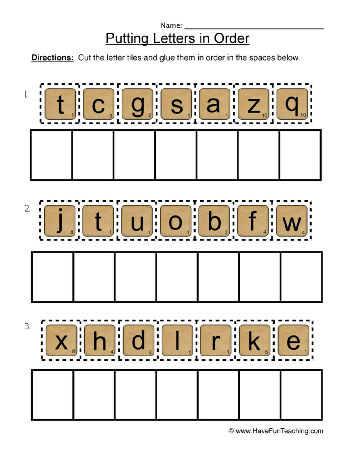 An educational teaching resource from Have Fun Teaching entitled Letter Order Placement Worksheet downloadable at Teach Simple.