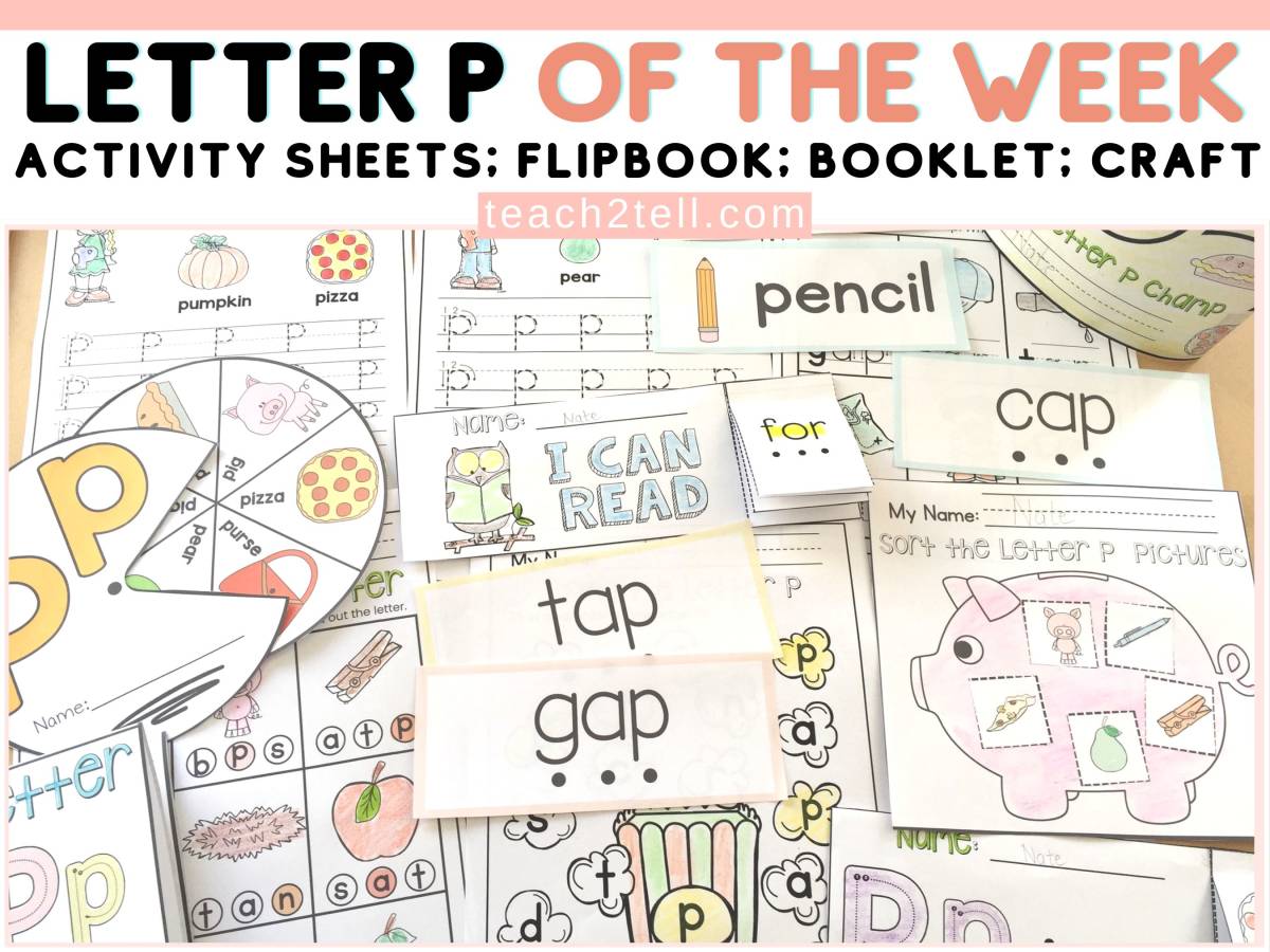 An educational teaching resource from Teach2Tell entitled Letter P Activities Alphabet Worksheets & Kindergarten Phonics Pack downloadable at Teach Simple.