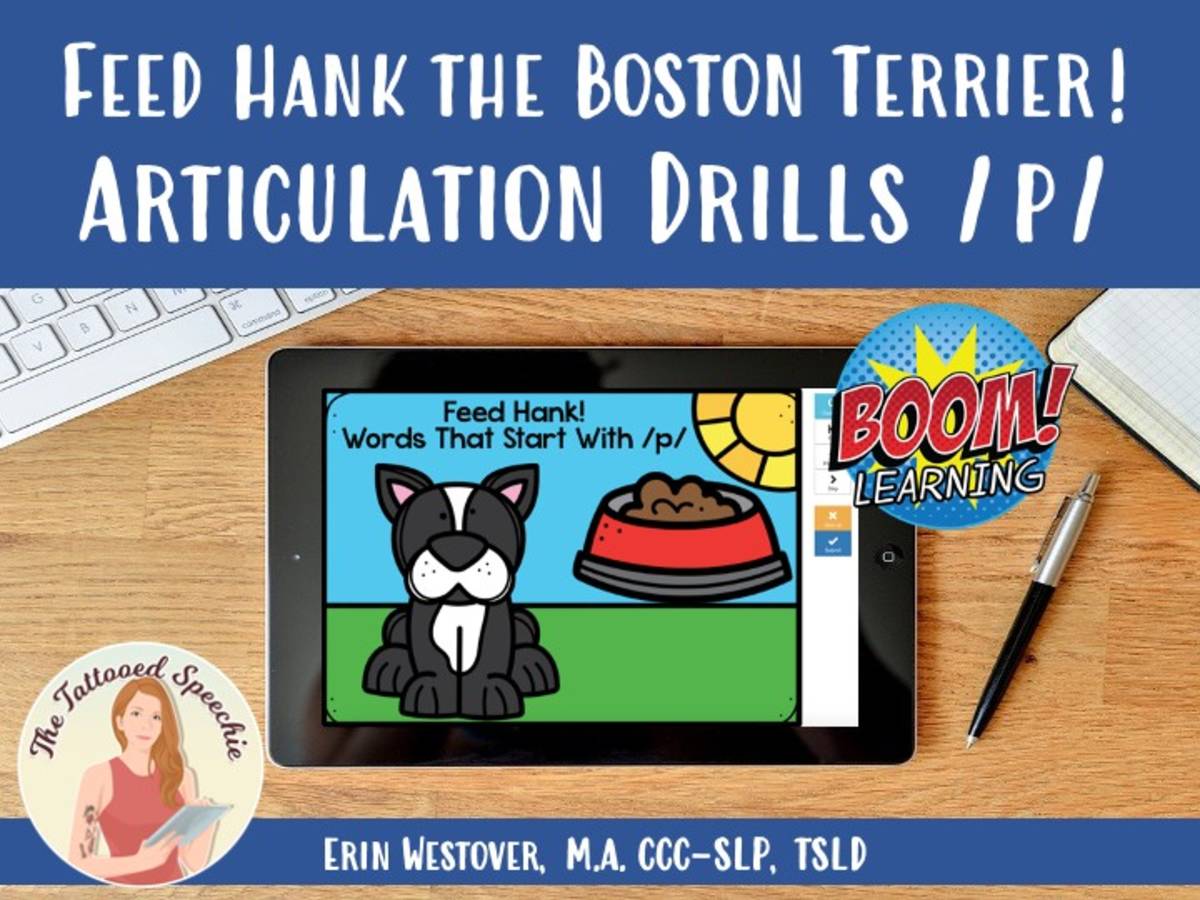 An educational teaching resource from The Tattooed Speechie entitled Letter P Articulation Drill: Feed Hank the Boston Terrier - BOOM Cards downloadable at Teach Simple.