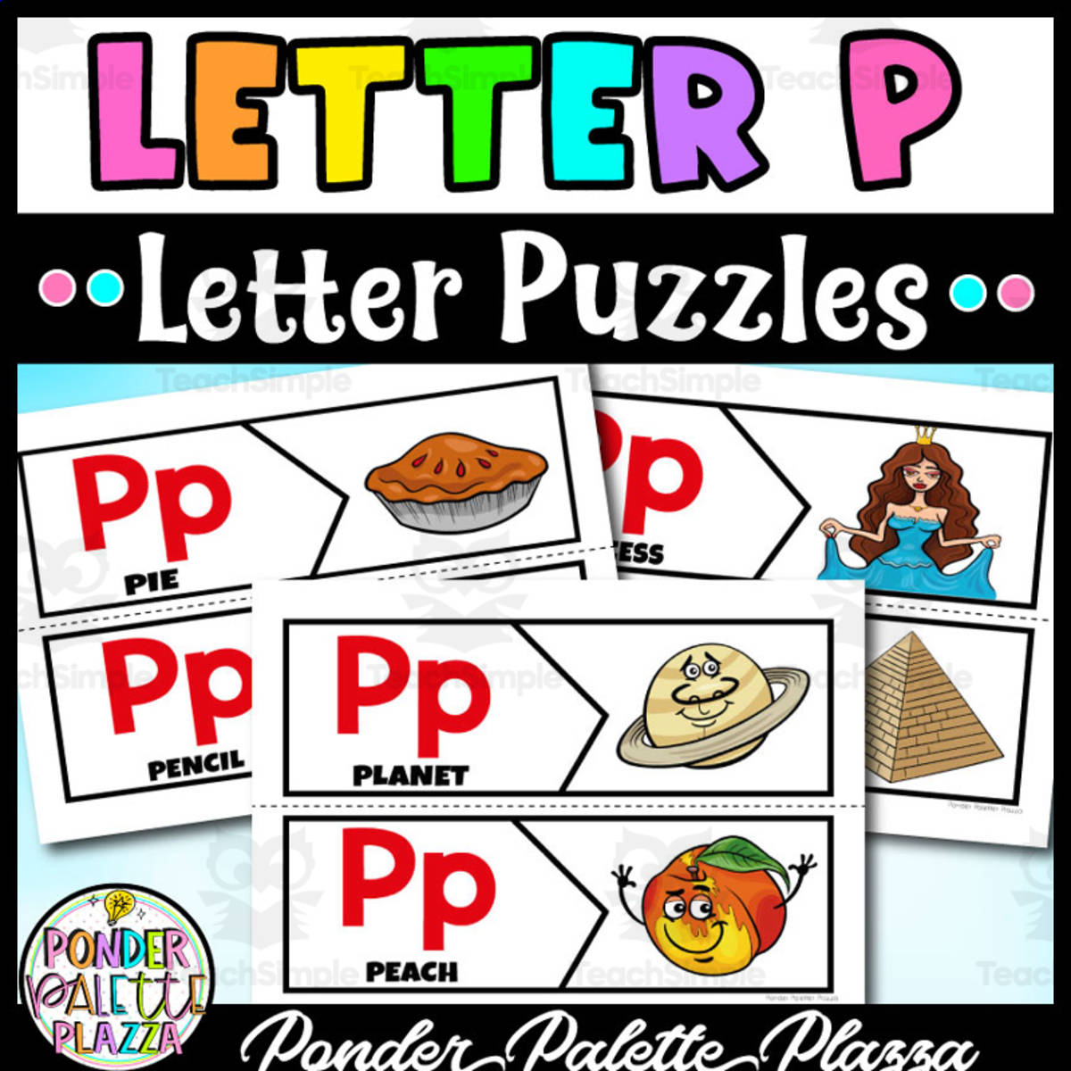 An educational teaching resource from Ponder Palette Plazza entitled Letter P Puzzles - Beginning Sound downloadable at Teach Simple.