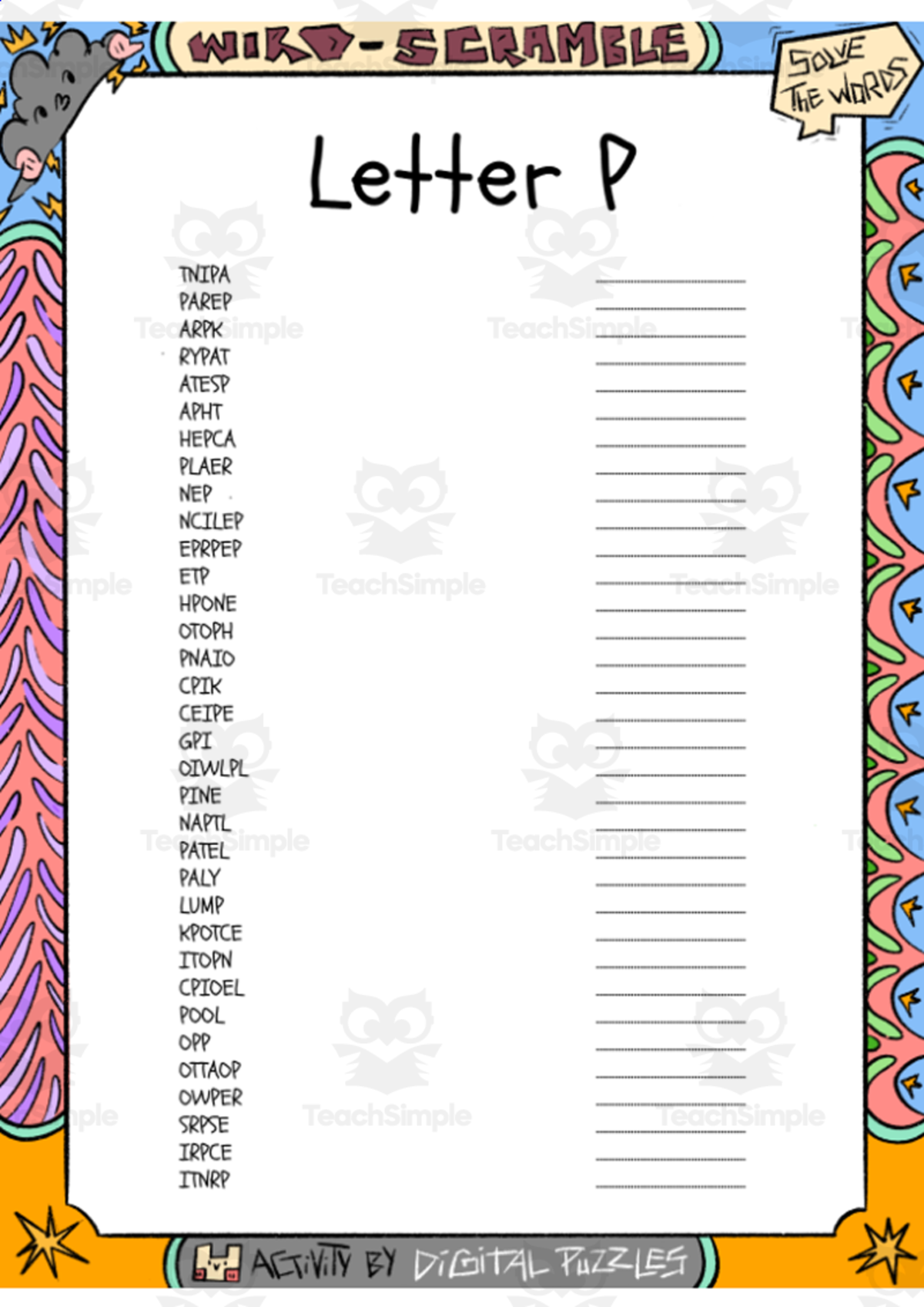 An educational teaching resource from Lapiiin Art Activities entitled Letter P word Scramble puzzle worksheet downloadable at Teach Simple.