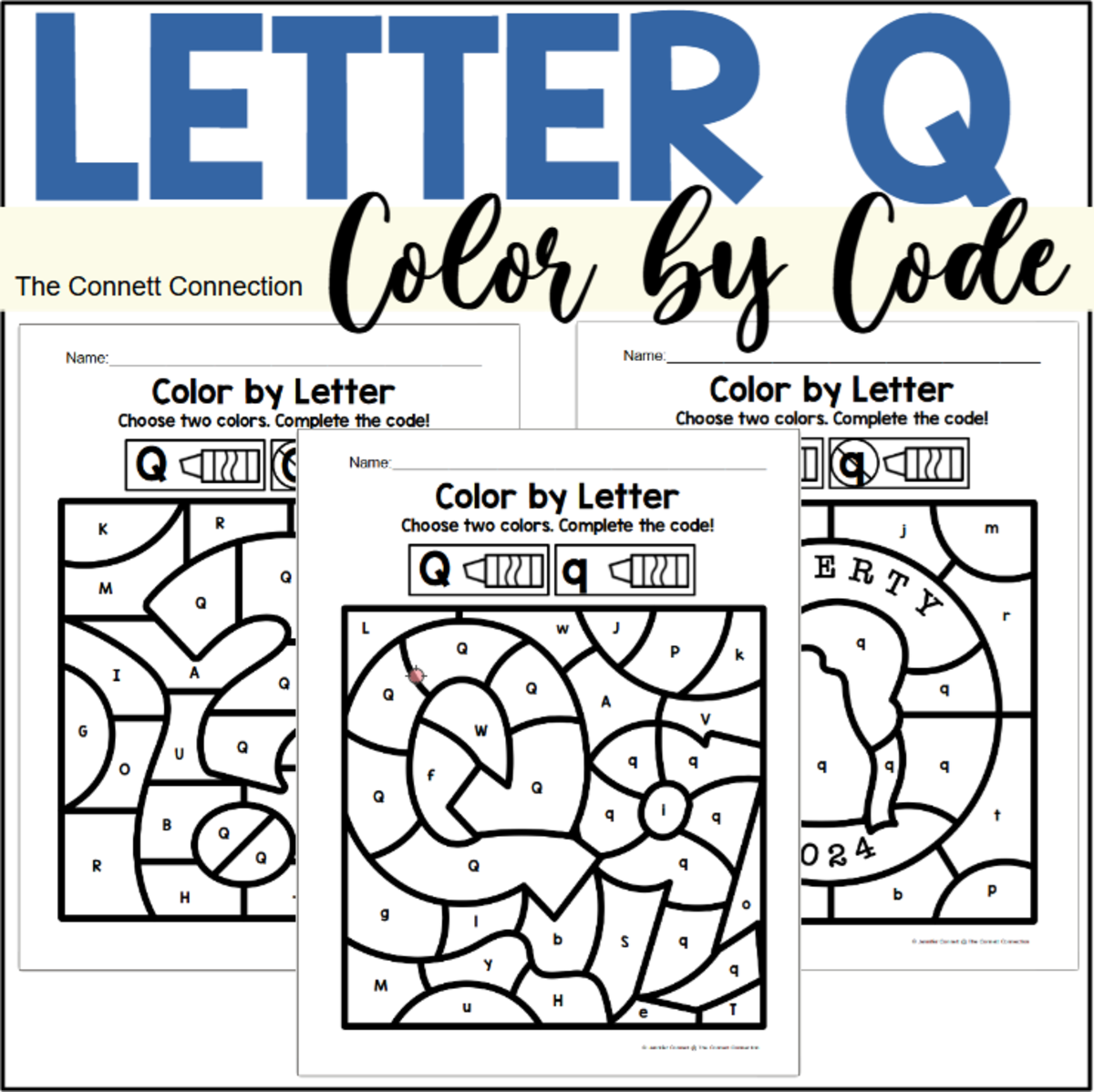 An educational teaching resource from The Connett Connection entitled Letter Q Alphabet Color by Code downloadable at Teach Simple.