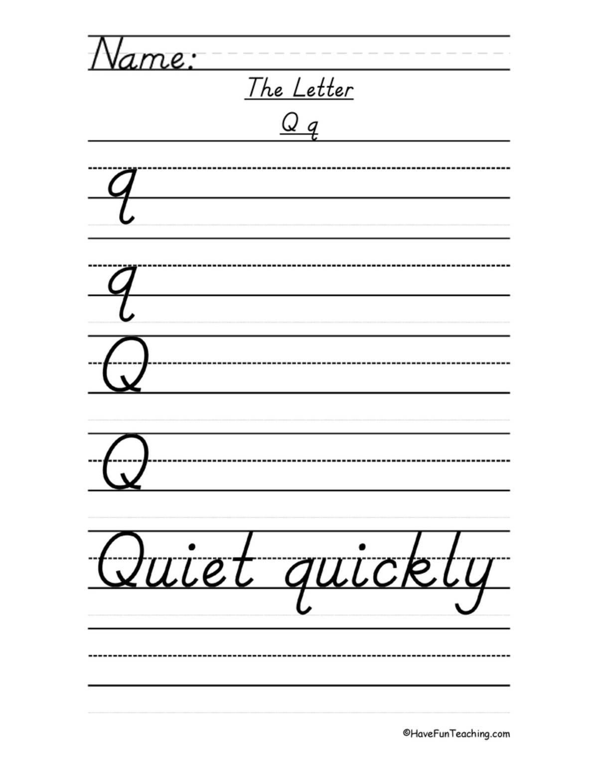 An educational teaching resource from Have Fun Teaching entitled Letter Q D'Nealian Style Handwriting Practice Worksheet downloadable at Teach Simple.