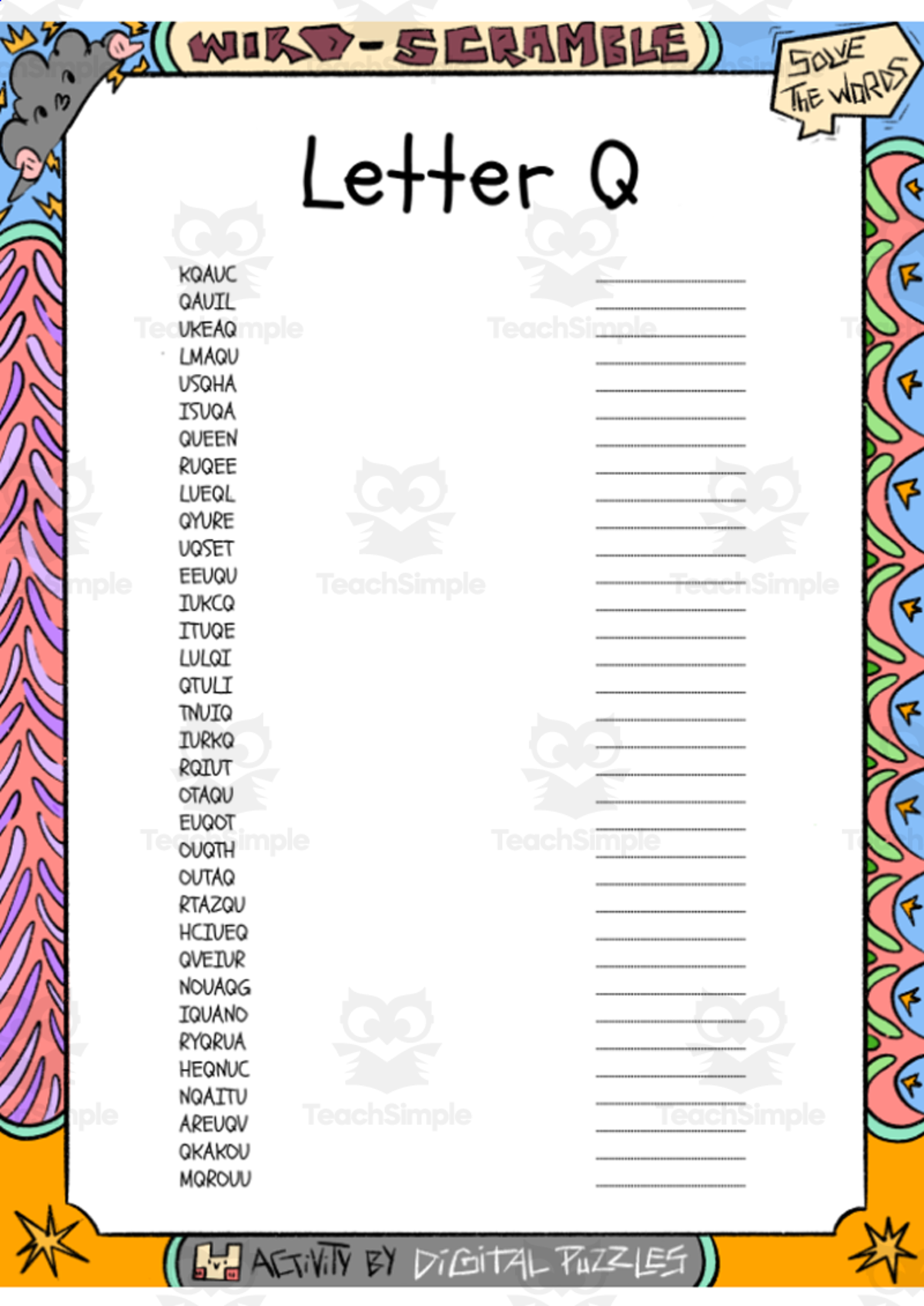 An educational teaching resource from Lapiiin Art Activities entitled Letter Q word Scramble puzzle worksheet downloadable at Teach Simple.
