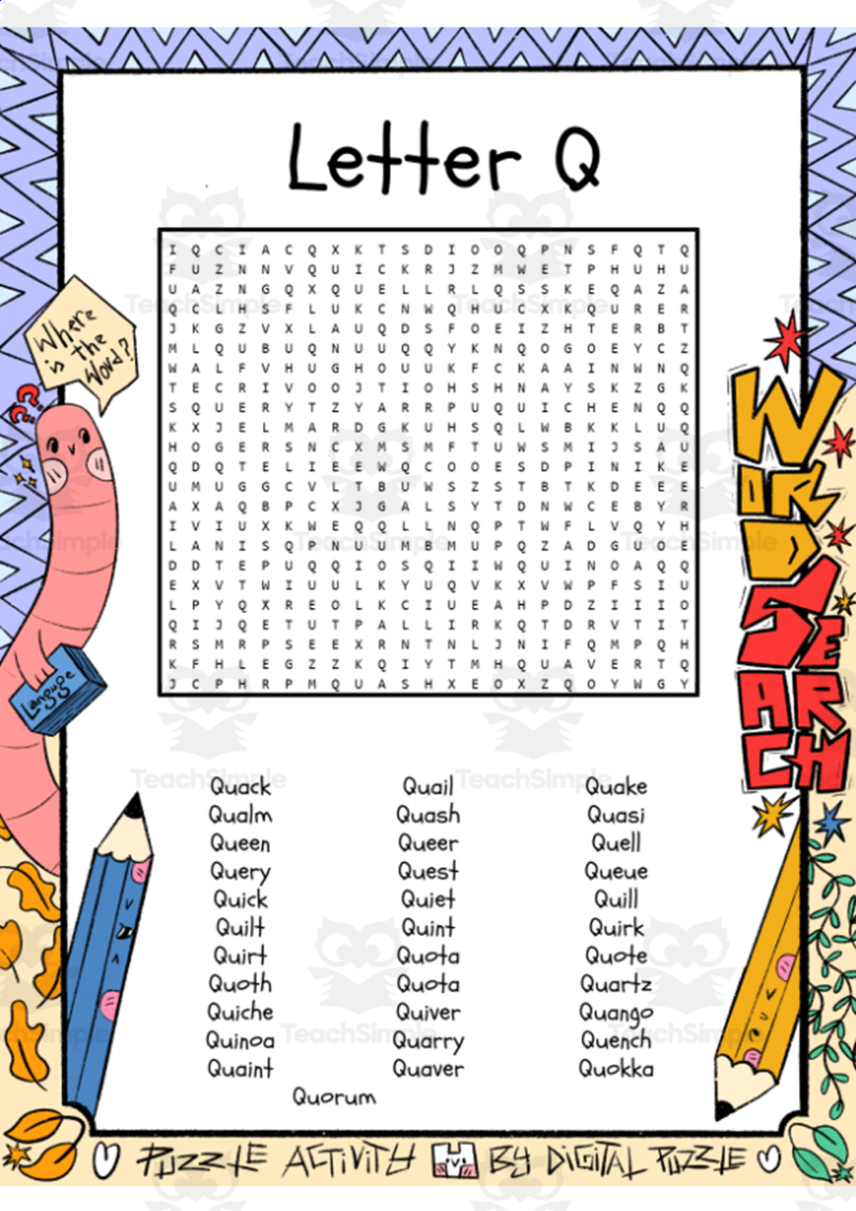 An educational teaching resource from Lapiiin Art Activities entitled Letter Q word search puzzle worksheet activity downloadable at Teach Simple.