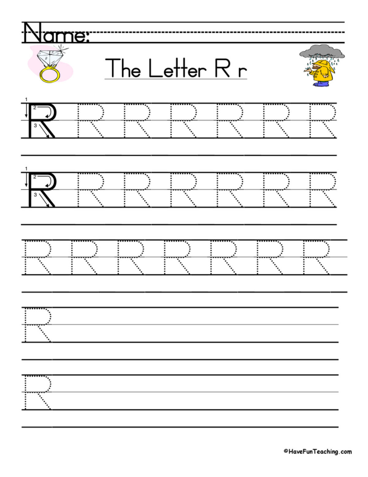An educational teaching resource from Have Fun Teaching entitled Letter R Handwriting Practice Worksheet downloadable at Teach Simple.