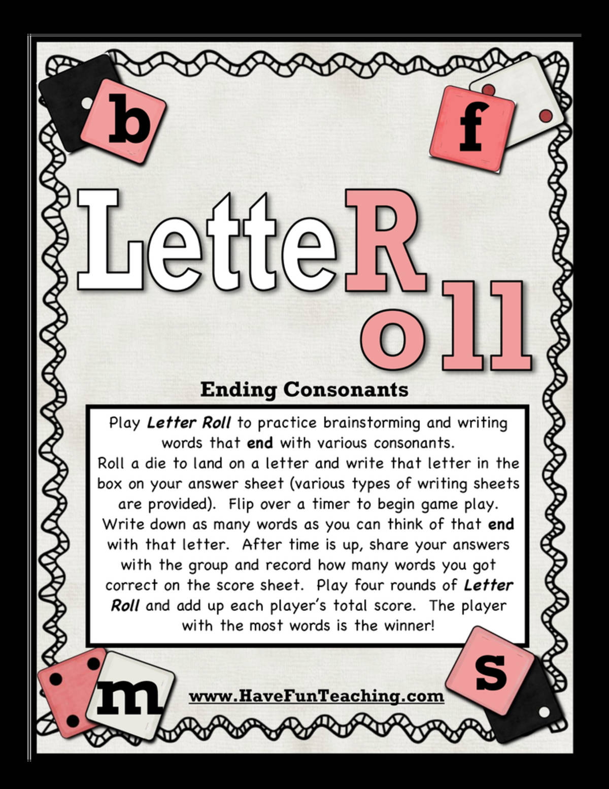 An educational teaching resource from Have Fun Teaching entitled Letter Roll Ending Sounds Activity downloadable at Teach Simple.
