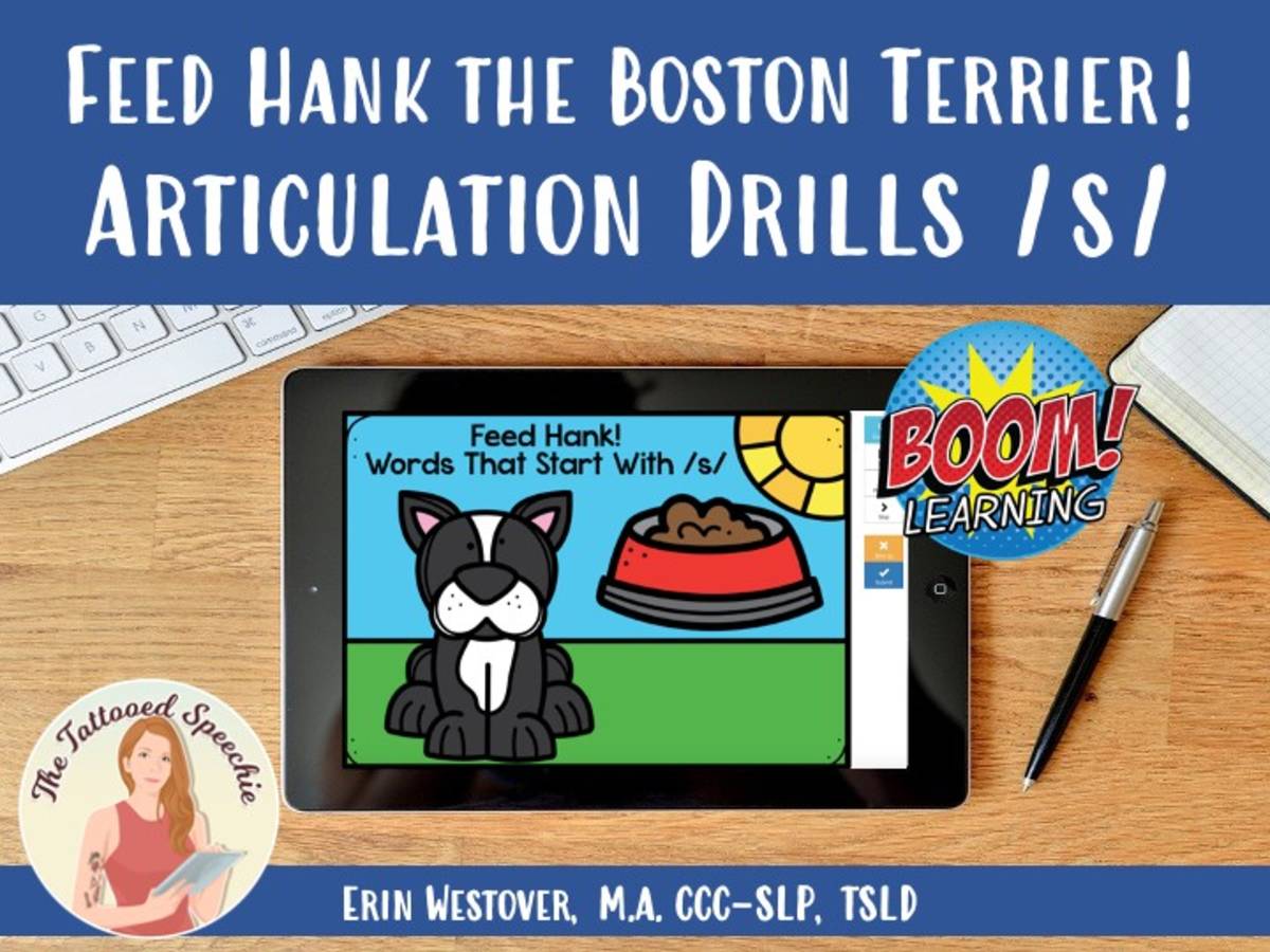 An educational teaching resource from The Tattooed Speechie entitled Letter S Articulation Drill: Feed Hank the Boston Terrier - BOOM Cards downloadable at Teach Simple.