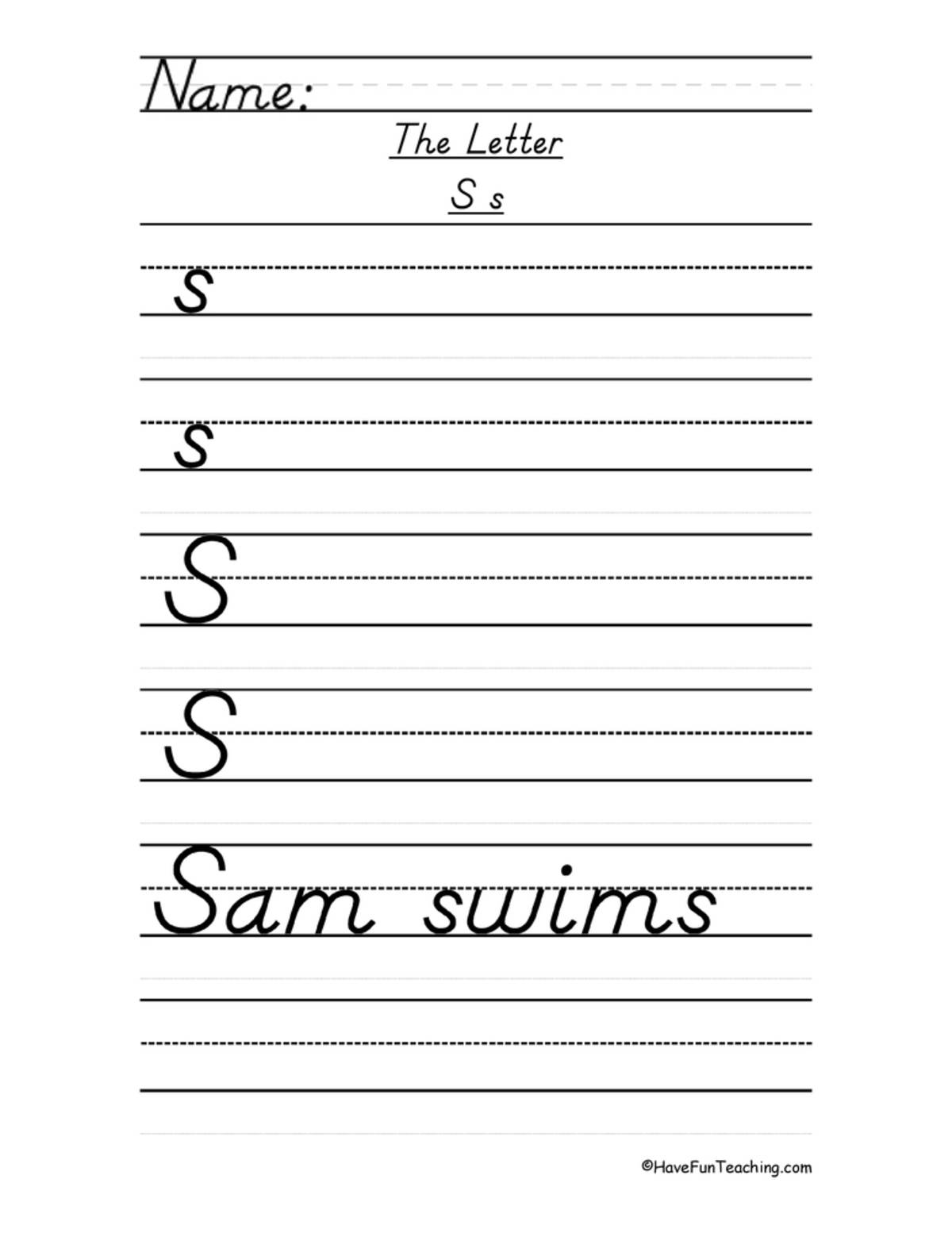 An educational teaching resource from Have Fun Teaching entitled Letter S D'Nealian Style Handwriting Practice Worksheet downloadable at Teach Simple.