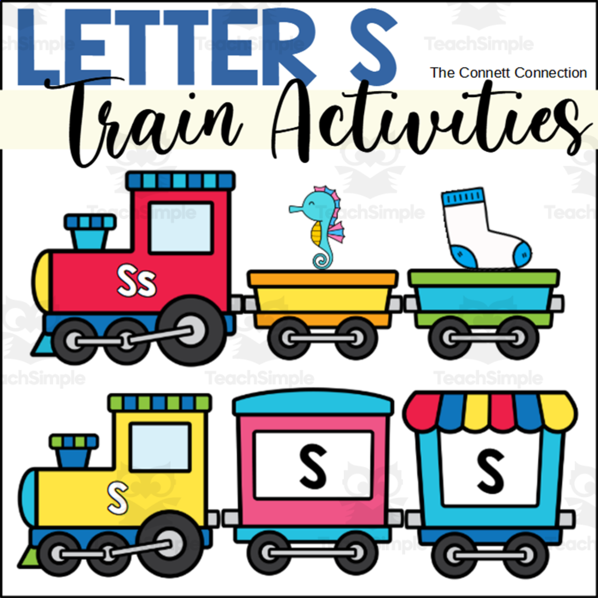 An educational teaching resource from The Connett Connection entitled Letter S Train Alphabet Worksheets and Centers downloadable at Teach Simple.