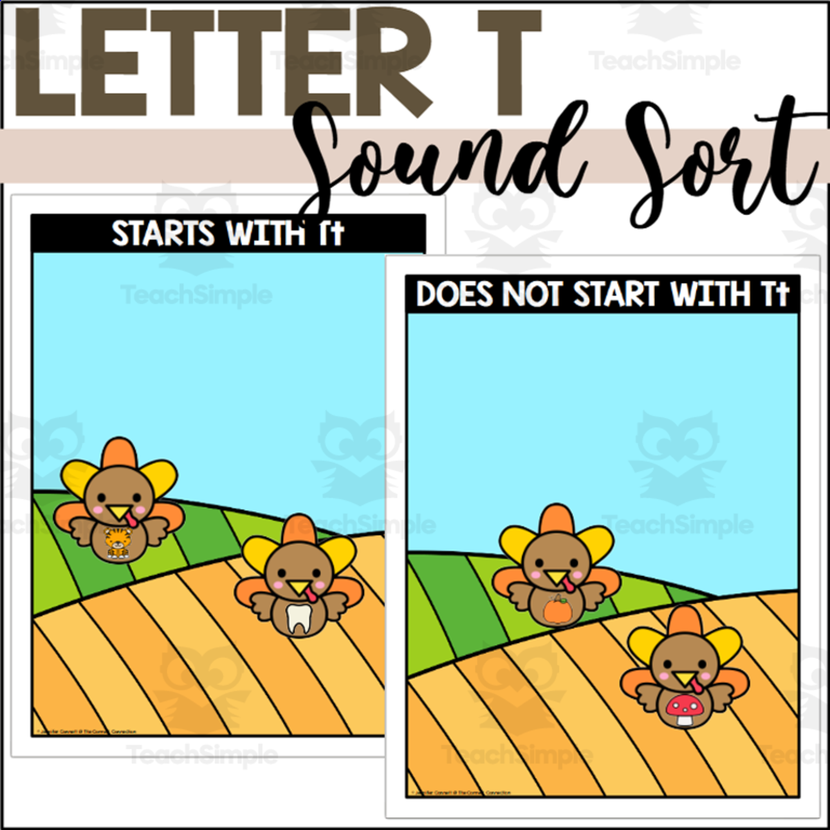 An educational teaching resource from The Connett Connection entitled Letter T Beginning Sound Sort - Turkey Themed downloadable at Teach Simple.