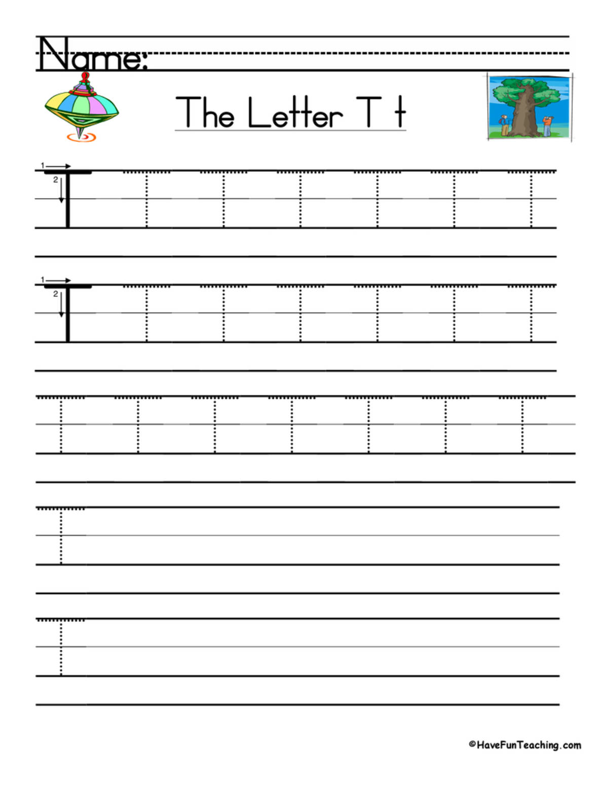An educational teaching resource from Have Fun Teaching entitled Letter T Handwriting Practice Worksheet downloadable at Teach Simple.
