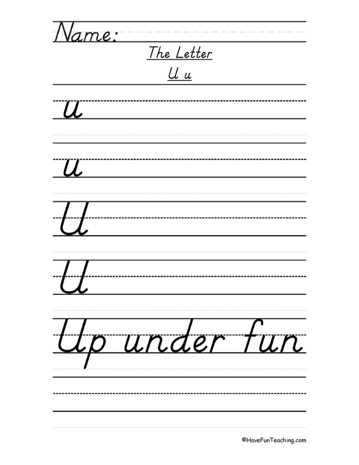 An educational teaching resource from Have Fun Teaching entitled Letter U D'Nealian Style Handwriting Practice Worksheet downloadable at Teach Simple.