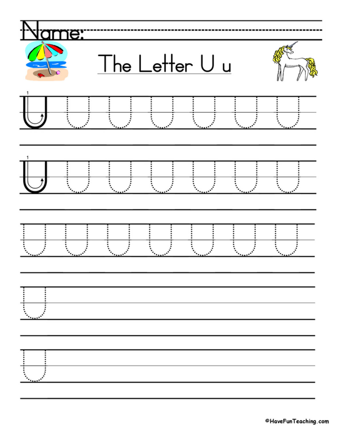 An educational teaching resource from Have Fun Teaching entitled Letter U Handwriting Practice Worksheet downloadable at Teach Simple.