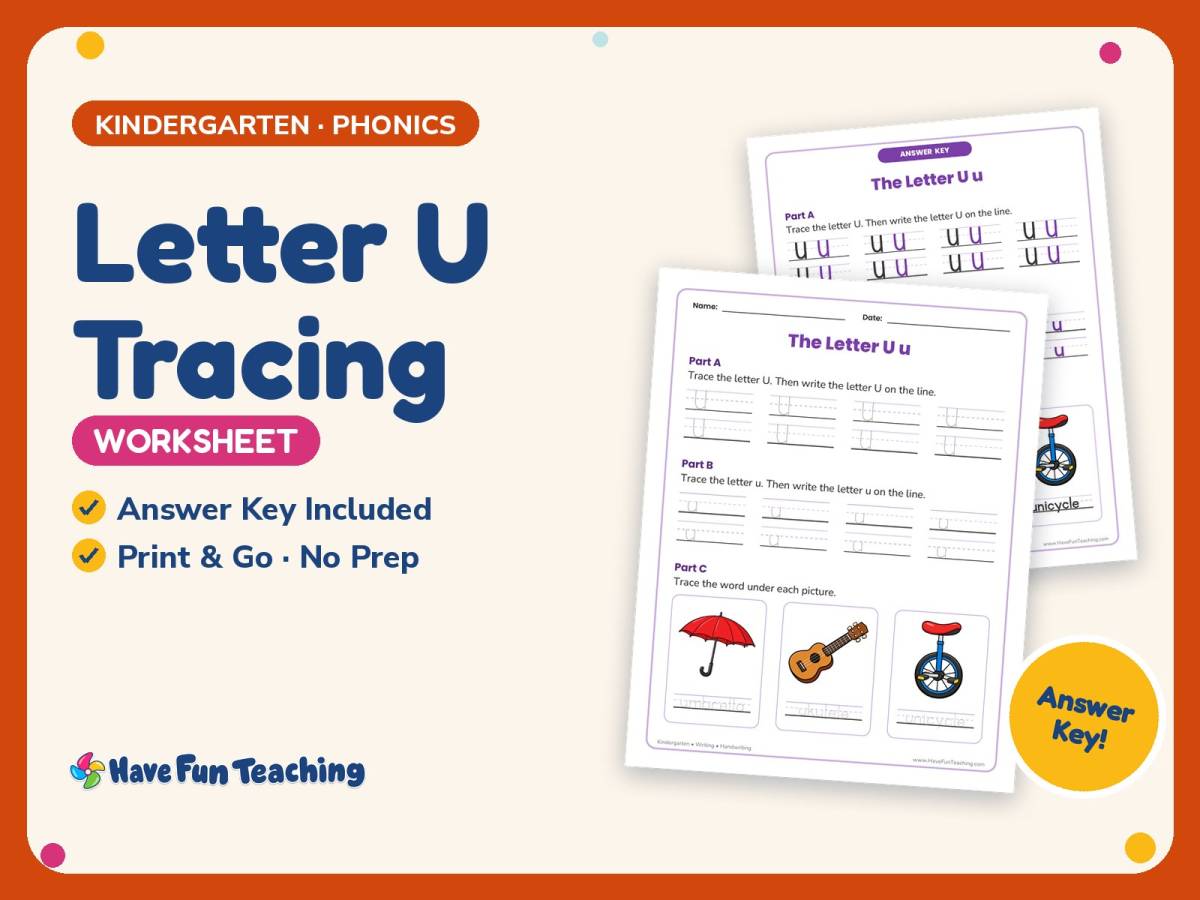 Letter U Tracing Worksheet – Kindergarten Alphabet & Beginning Sounds preview