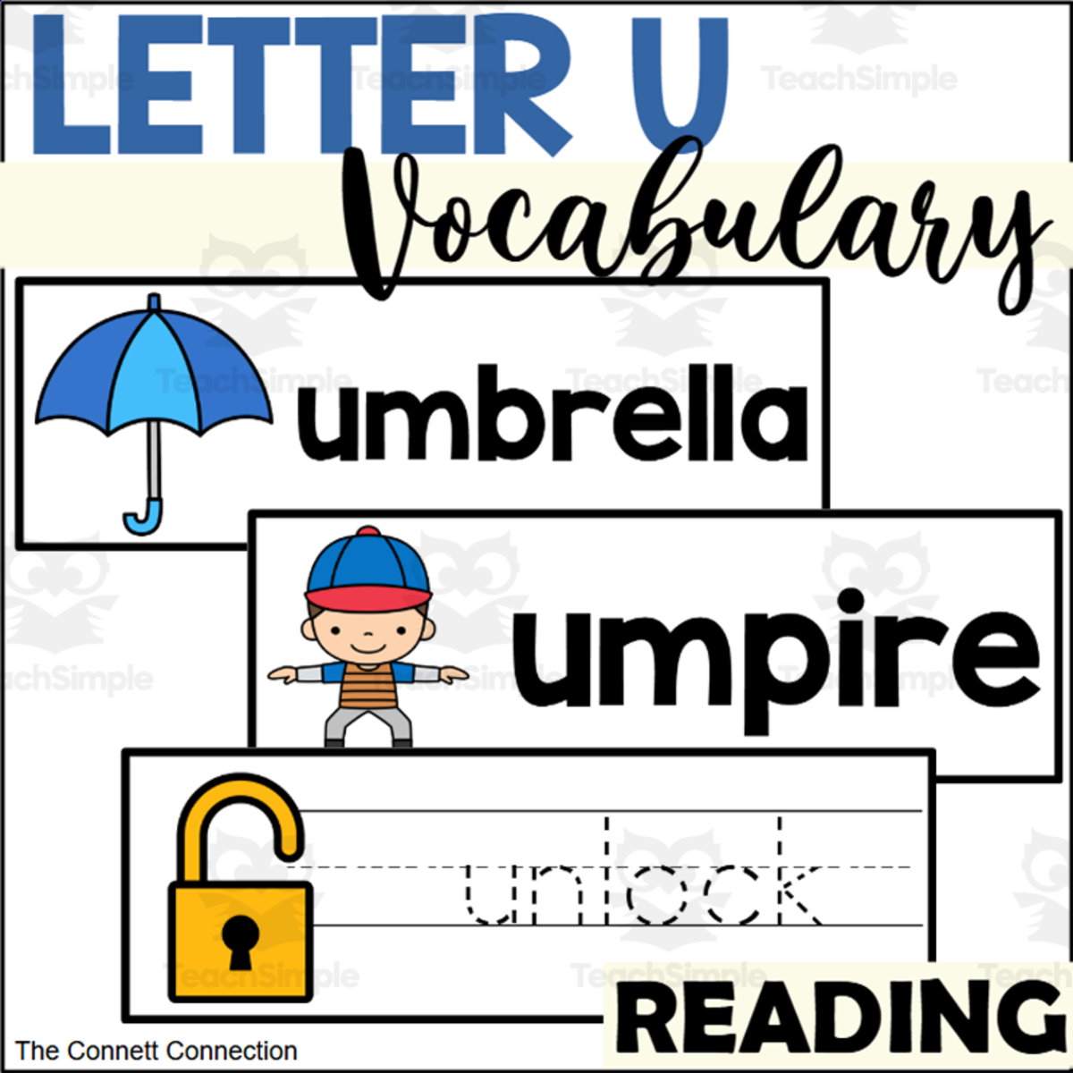 An educational teaching resource from The Connett Connection entitled Letter U Vocabulary and Tracing Cards downloadable at Teach Simple.