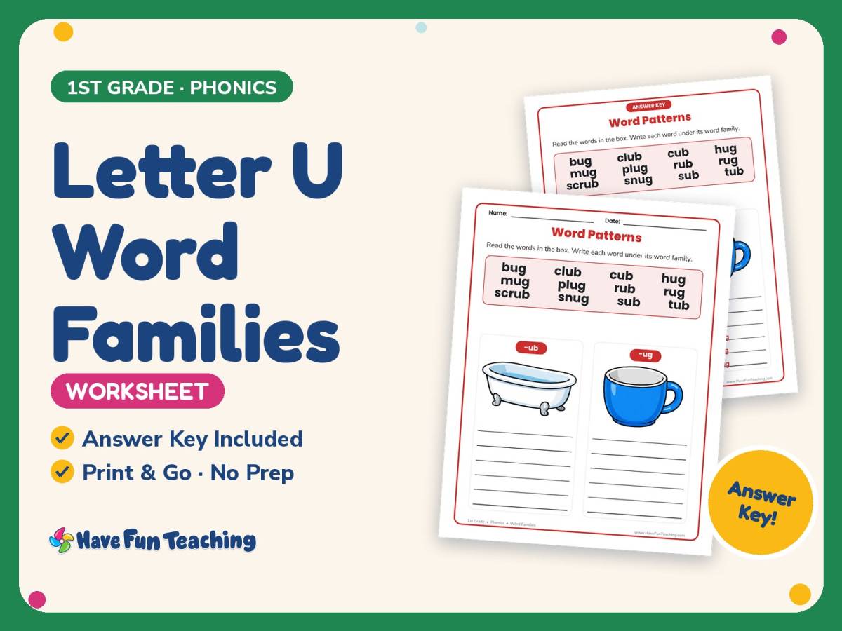 Letter U Word Families Worksheet – 1st Grade Phonics Practice preview