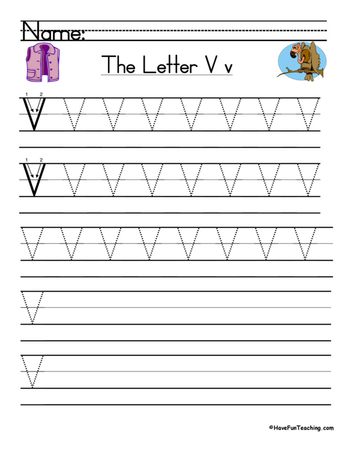 An educational teaching resource from Have Fun Teaching entitled Letter V Handwriting Practice Worksheet downloadable at Teach Simple.
