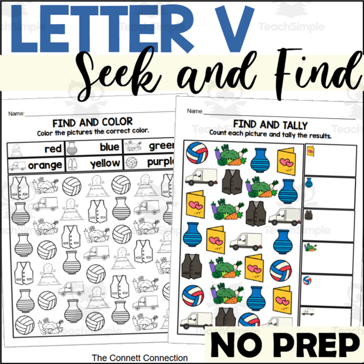 An educational teaching resource from The Connett Connection entitled Letter V Seek and Find Worksheets downloadable at Teach Simple.