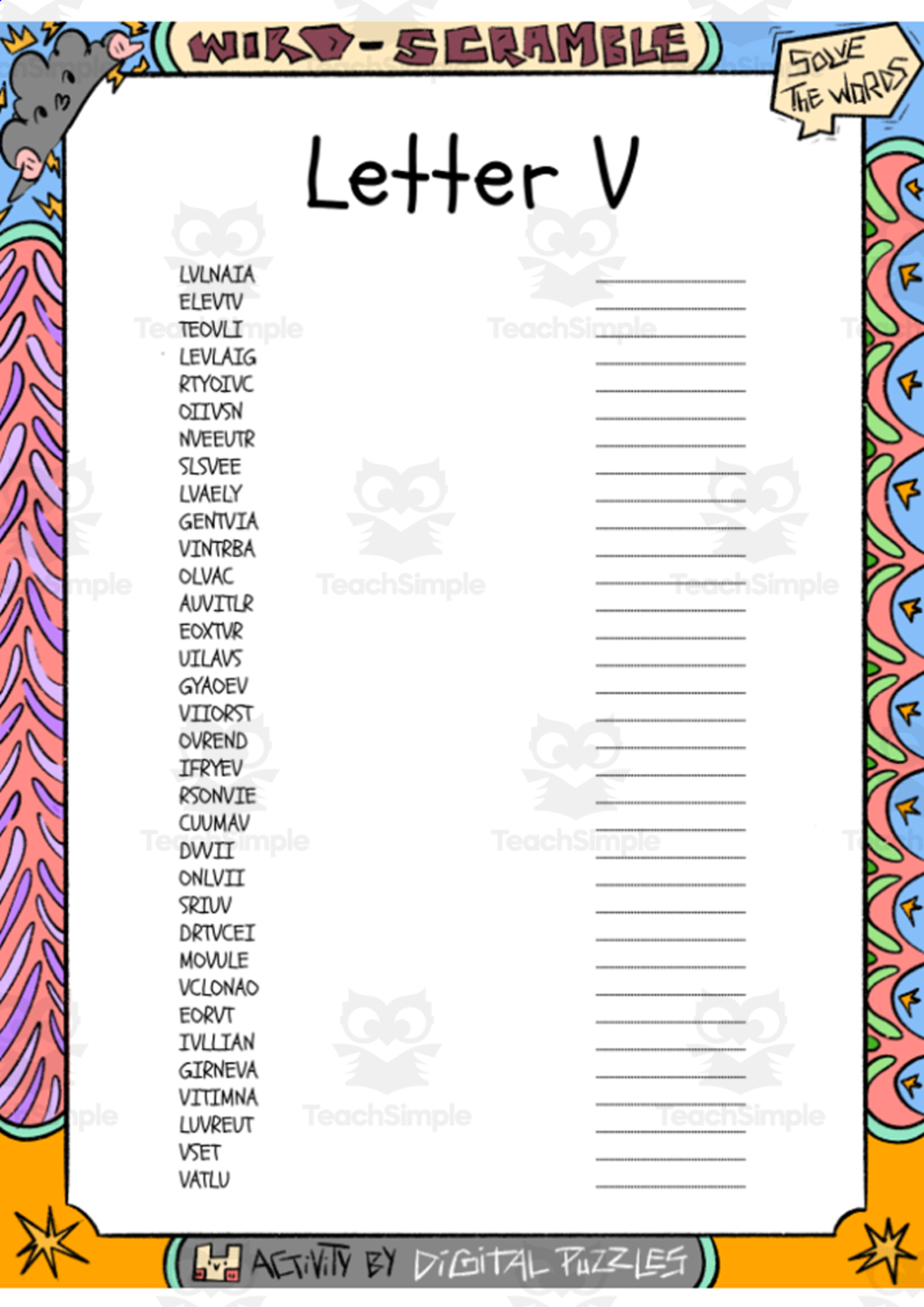 An educational teaching resource from Lapiiin Art Activities entitled Letter V word Scramble puzzle worksheet downloadable at Teach Simple.