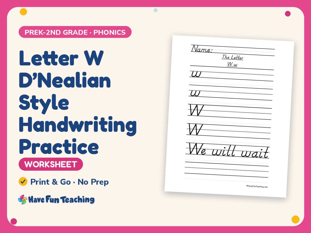 Letter W D’Nealian Style Handwriting Practice Worksheet – Alphabet preview