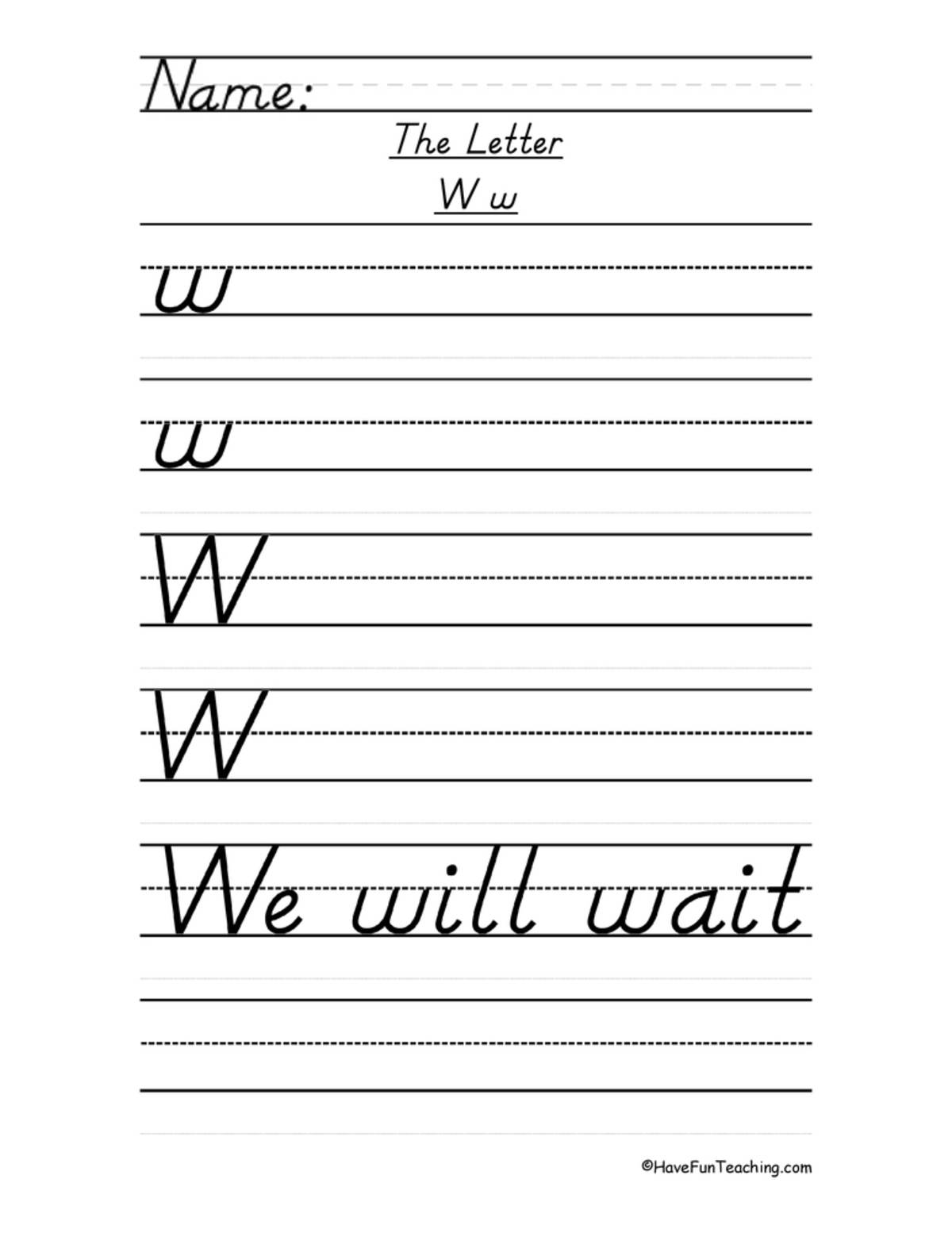 An educational teaching resource from Have Fun Teaching entitled Letter W D'Nealian Style Handwriting Practice Worksheet downloadable at Teach Simple.