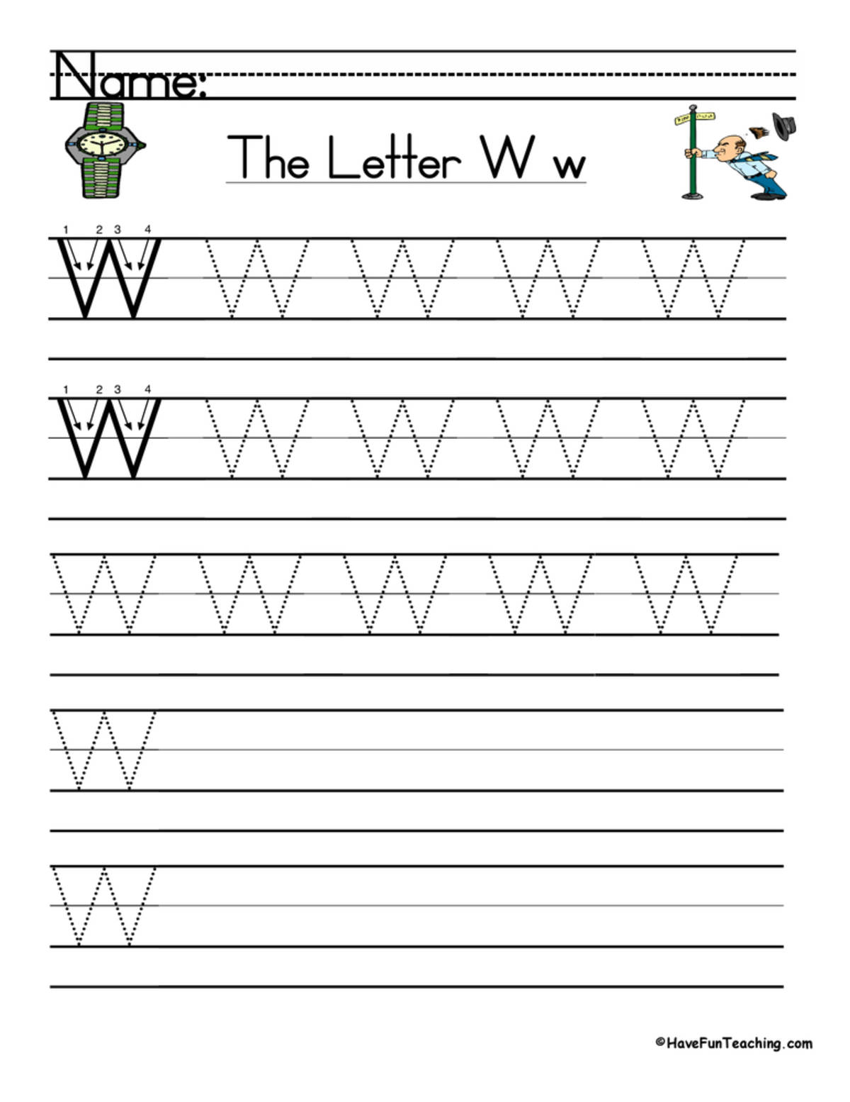 An educational teaching resource from Have Fun Teaching entitled Letter W Handwriting Practice Worksheet downloadable at Teach Simple.