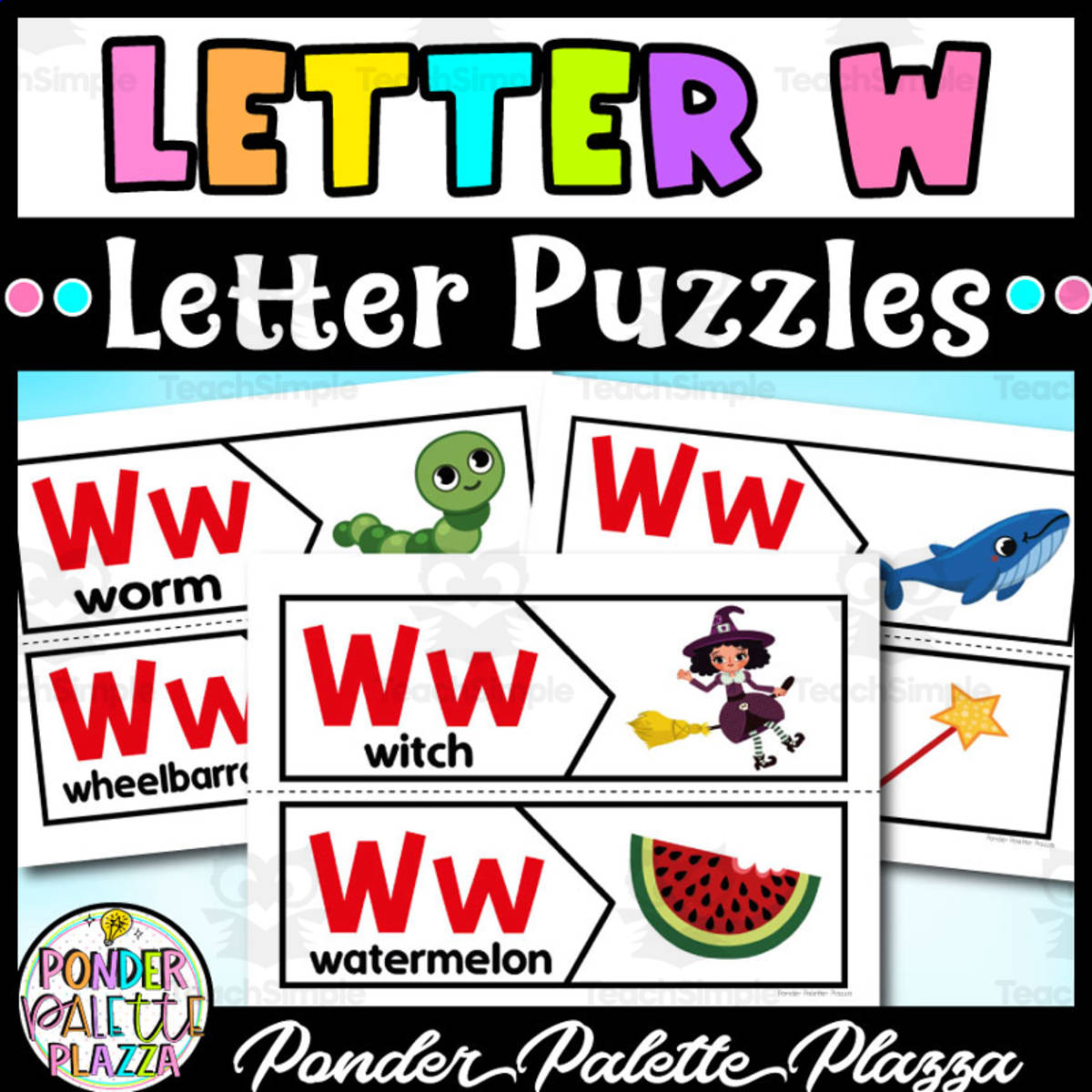 An educational teaching resource from Ponder Palette Plazza entitled Letter W Puzzles - Letter W Beginning Sound downloadable at Teach Simple.