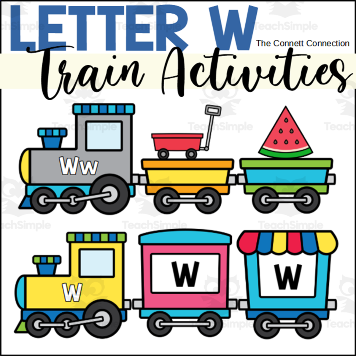An educational teaching resource from The Connett Connection entitled Letter W Train Alphabet Worksheets and Centers downloadable at Teach Simple.