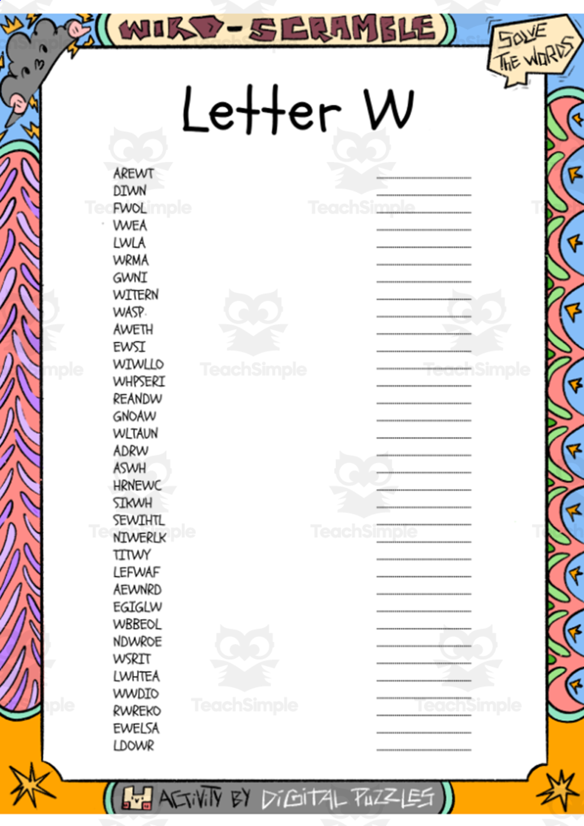 An educational teaching resource from Lapiiin Art Activities entitled Letter W word Scramble puzzle worksheet downloadable at Teach Simple.