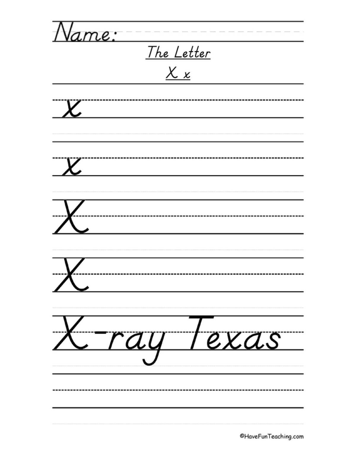 An educational teaching resource from Have Fun Teaching entitled Letter X D'Nealian Style Handwriting Practice Worksheet downloadable at Teach Simple.